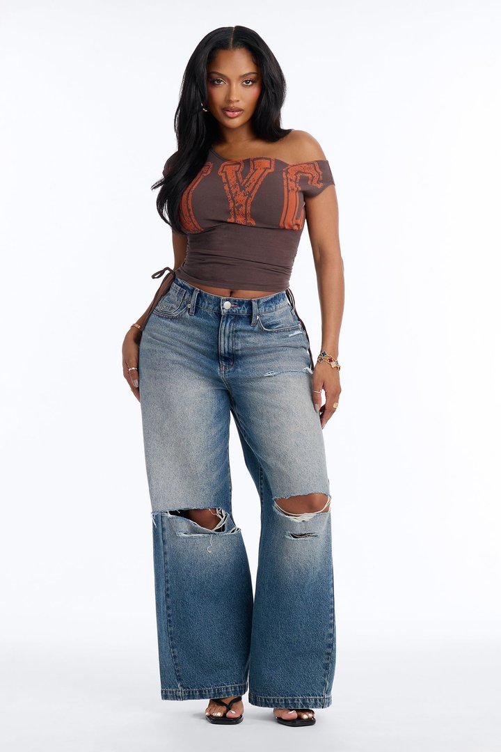 NYC Varsity Off Shoulder Tie Ruched Tee - Chocolate