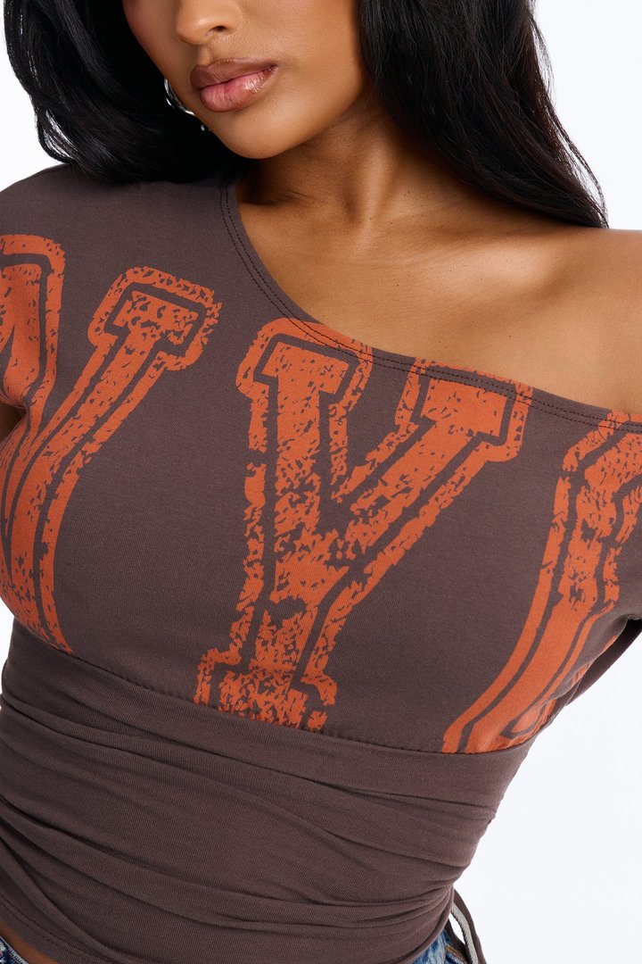NYC Varsity Off Shoulder Tie Ruched Tee - Chocolate