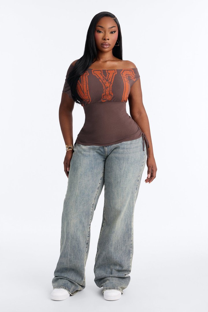 NYC Varsity Off Shoulder Tie Ruched Tee - Chocolate