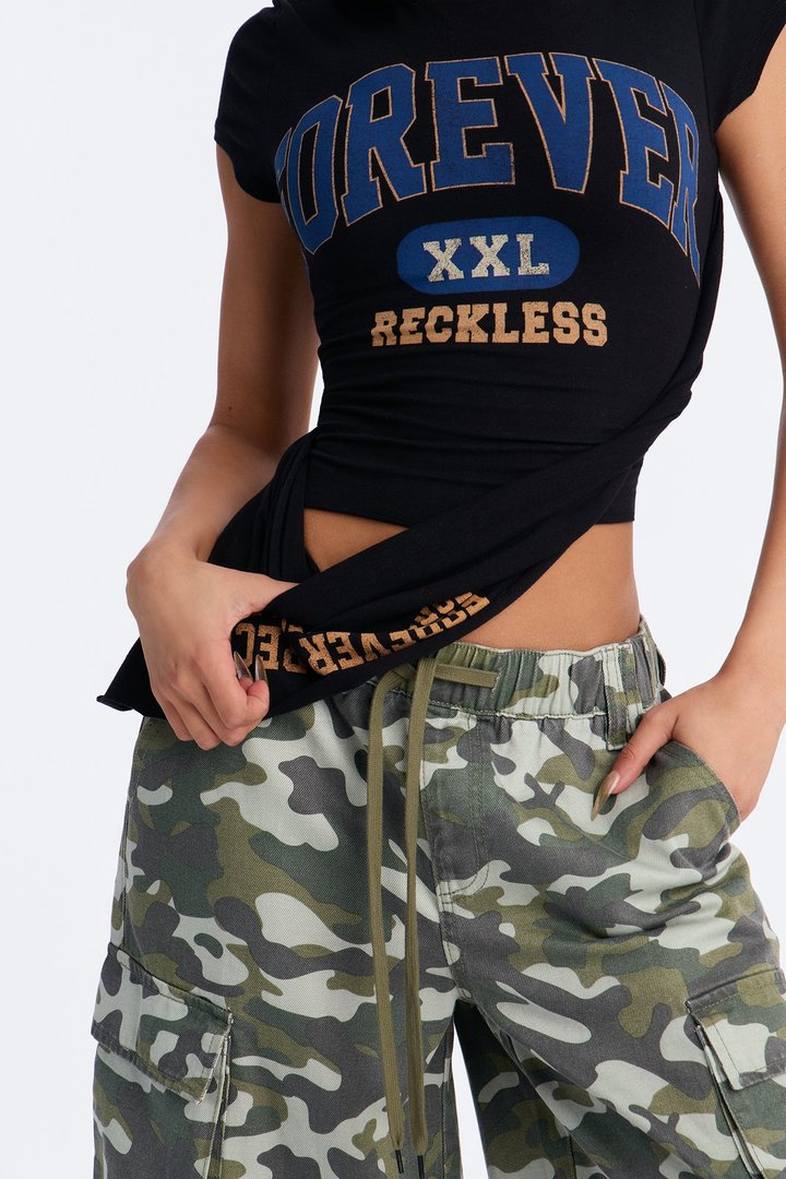 Forever Reckless Asymmetrical Short Sleeve Tee - Black