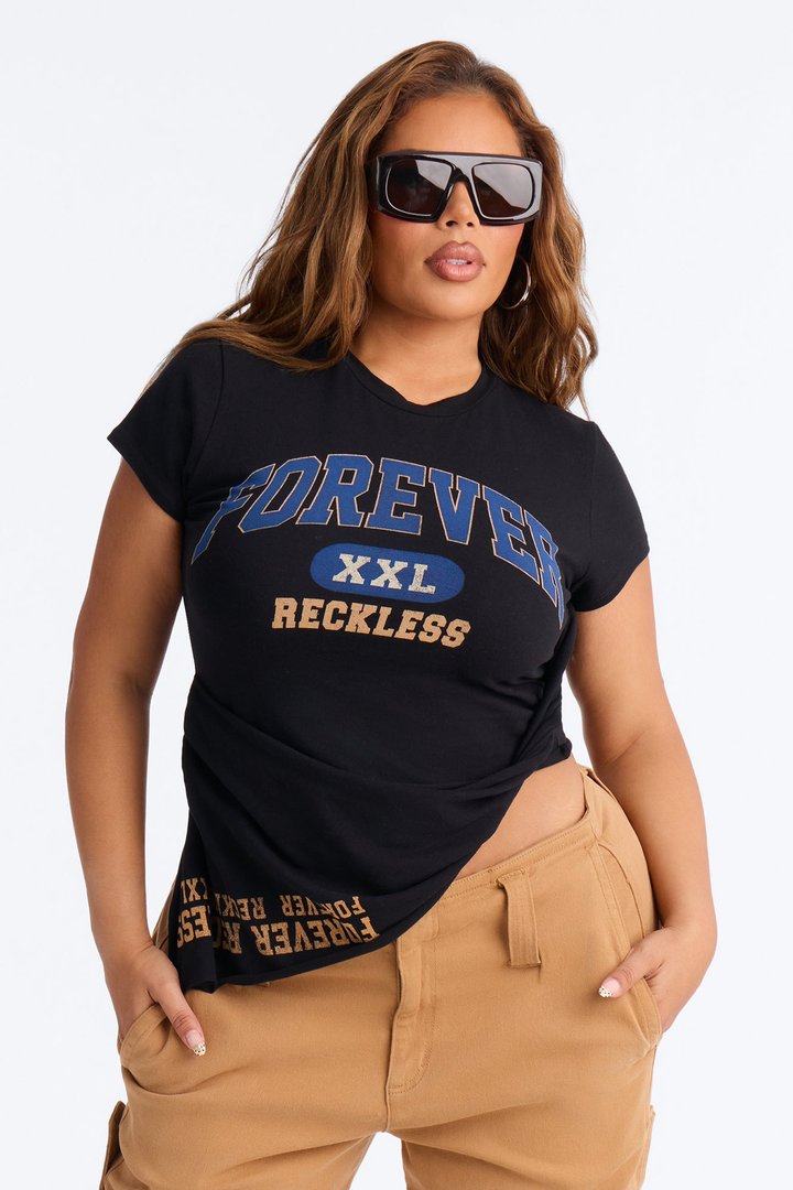 Forever Reckless Asymmetrical Short Sleeve Tee - Black
