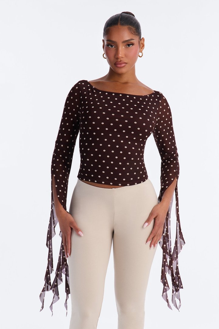 Melanie Mesh Polka Dot Ruffle Long Sleeve Top - Chocolate/Combo