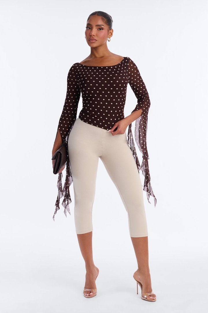Melanie Mesh Polka Dot Ruffle Long Sleeve Top - Chocolate/Combo