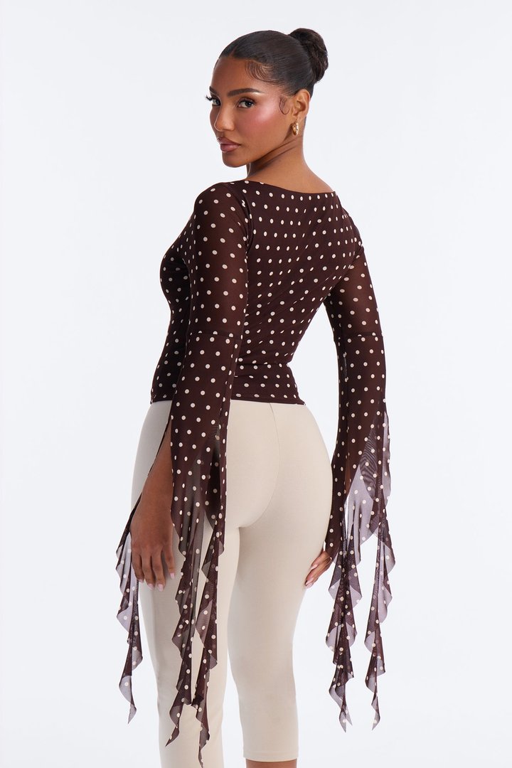 Melanie Mesh Polka Dot Ruffle Long Sleeve Top - Chocolate/Combo