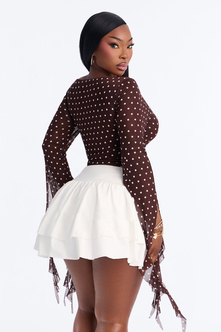 Melanie Mesh Polka Dot Ruffle Long Sleeve Top - Chocolate/Combo
