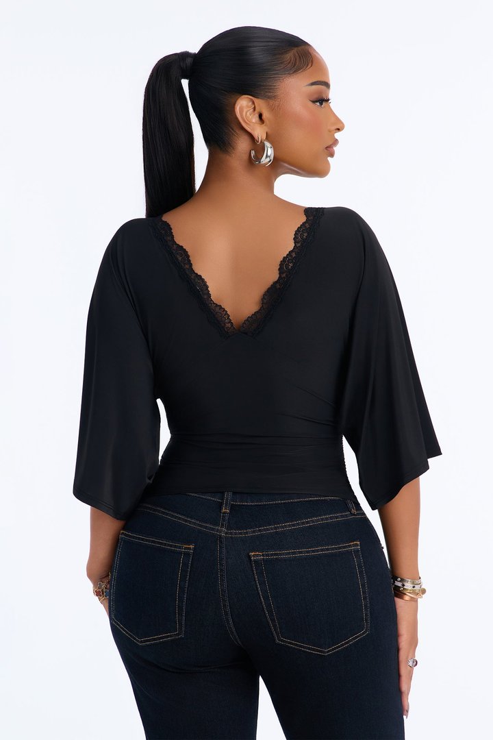 Brenda Lace Trim Short Sleeve Top - Black