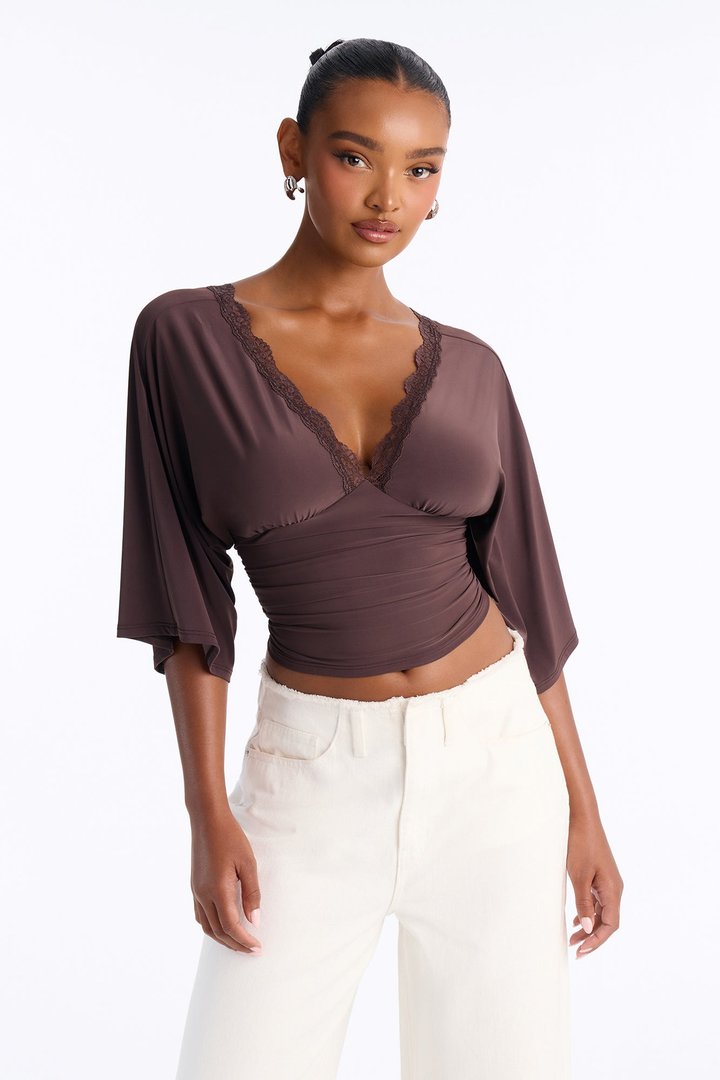 Brenda Lace Trim Short Sleeve Top - Chocolate