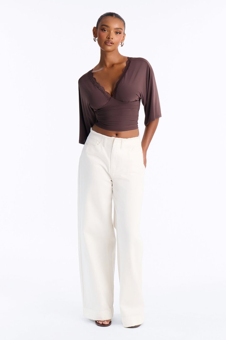 Brenda Lace Trim Short Sleeve Top - Chocolate