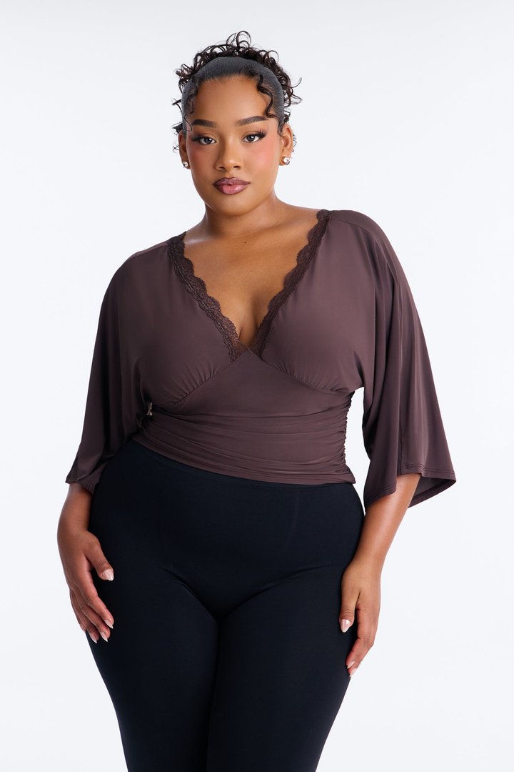 Brenda Lace Trim Short Sleeve Top - Chocolate