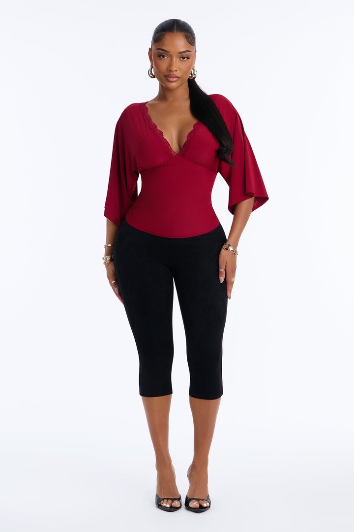 Brenda Lace Trim Short Sleeve Top - Wine