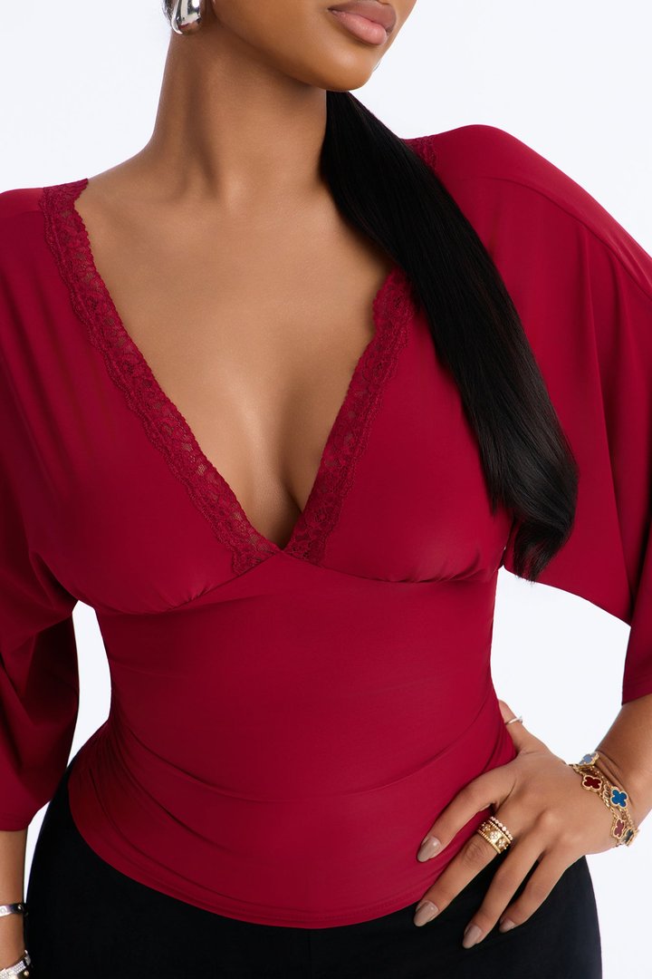Brenda Lace Trim Short Sleeve Top - Wine