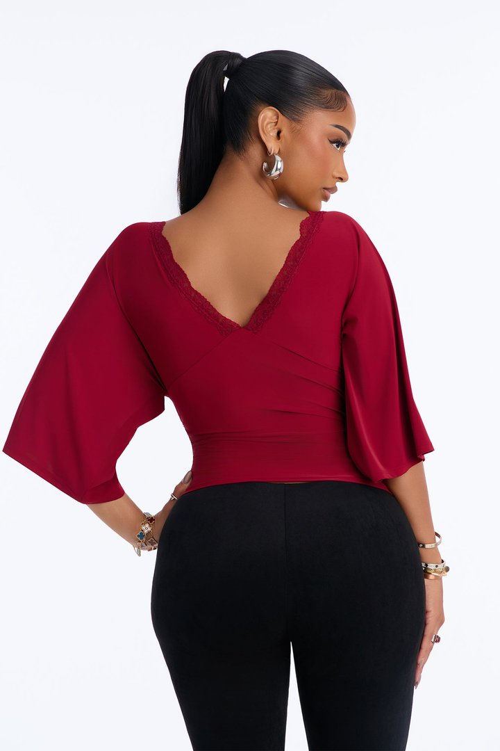 Brenda Lace Trim Short Sleeve Top - Wine