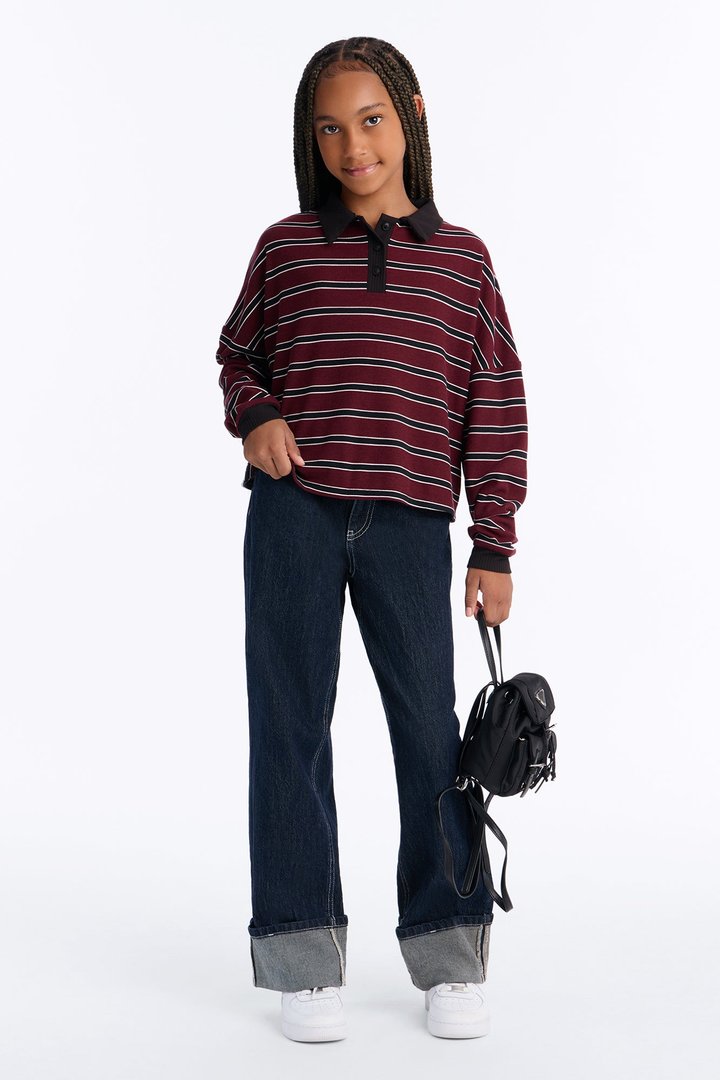 Mini Sloane Striped Polo Top - Burgundy