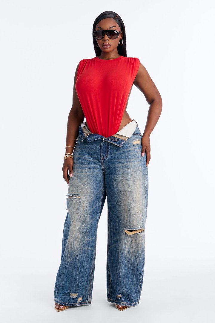 Open Concept Ruched Sleeveless Bodysuit - Red