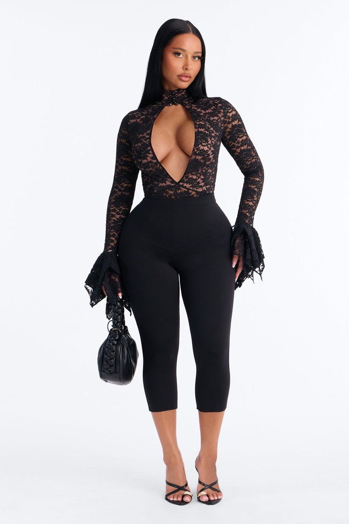Katherine Cut Out Lace Bell Sleeve Bodysuit - Black