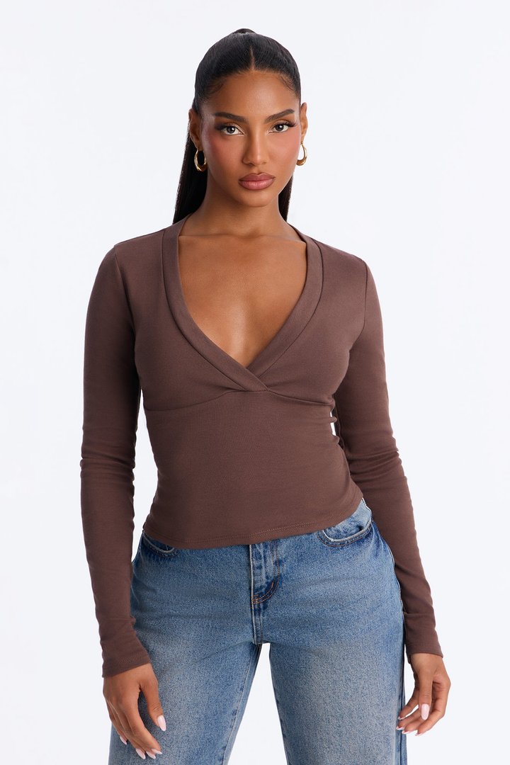Kate Long Sleeve V-Neck Top - Chocolate
