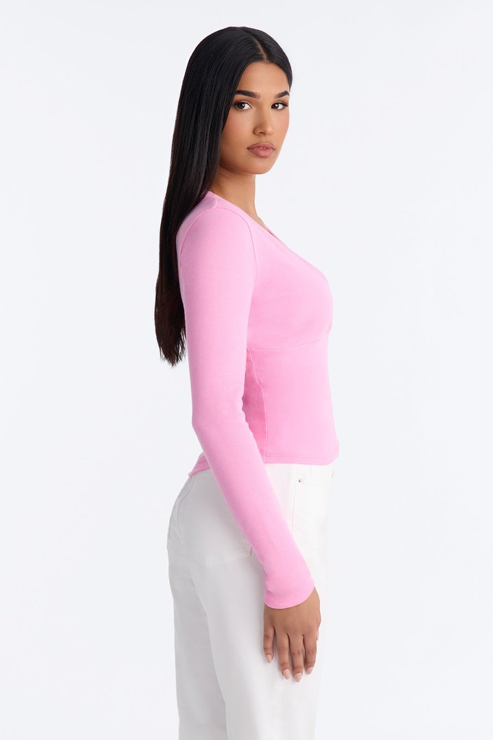 Kate Long Sleeve V-Neck Top - Pink