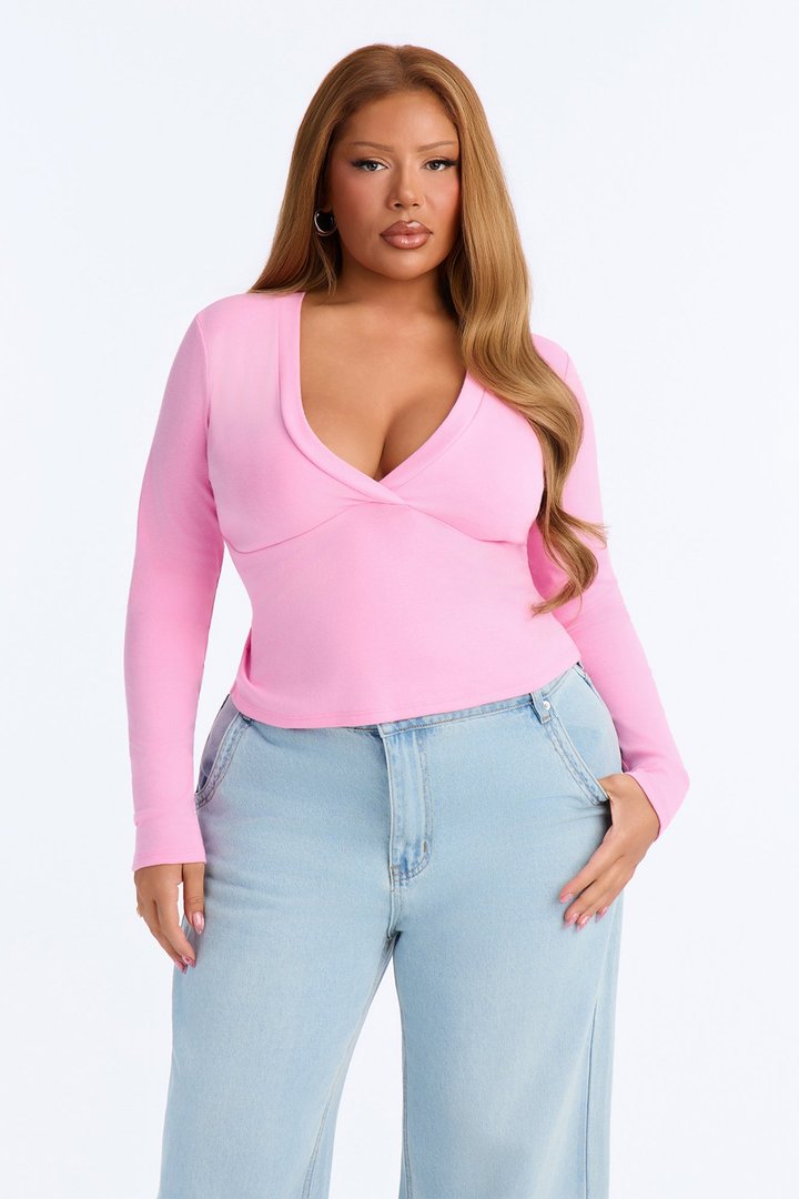Kate Long Sleeve V-Neck Top - Pink