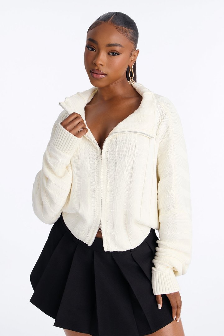 Cozy Girl Zip Front Cropped Cardigan Sweater - White