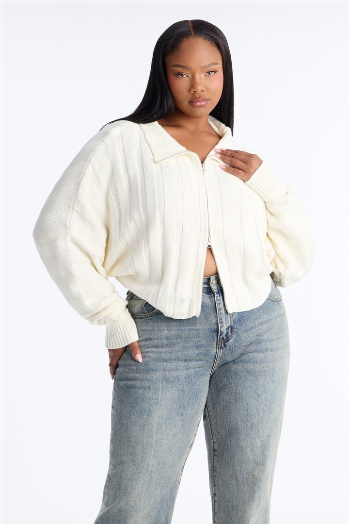 Cozy Girl Zip Front Cropped Cardigan Sweater - White