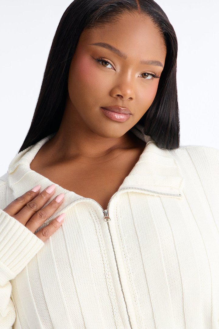 Cozy Girl Zip Front Cropped Cardigan Sweater - White