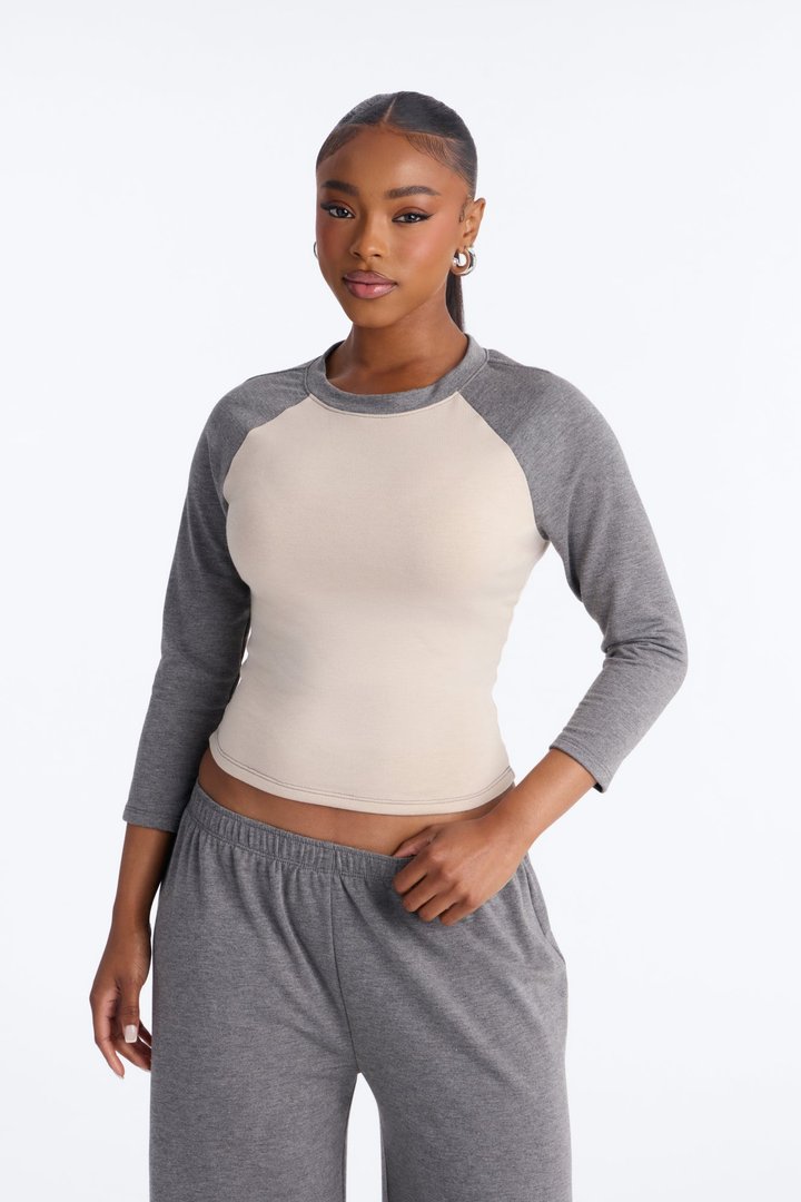 Raya 3/4 Sleeve Raglan Wide Leg Pant Set - Charcoal/combo