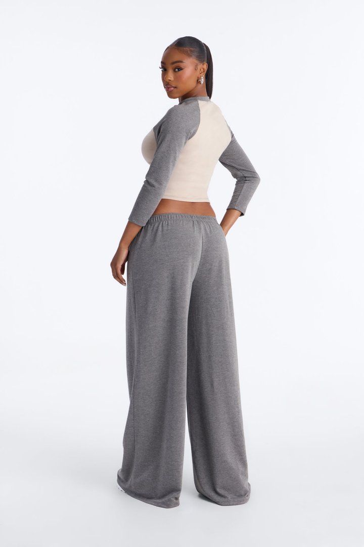 Raya 3/4 Sleeve Raglan Wide Leg Pant Set - Charcoal/combo