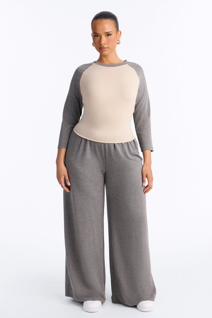 Raya 3/4 Sleeve Raglan Wide Leg Pant Set - Charcoal/combo