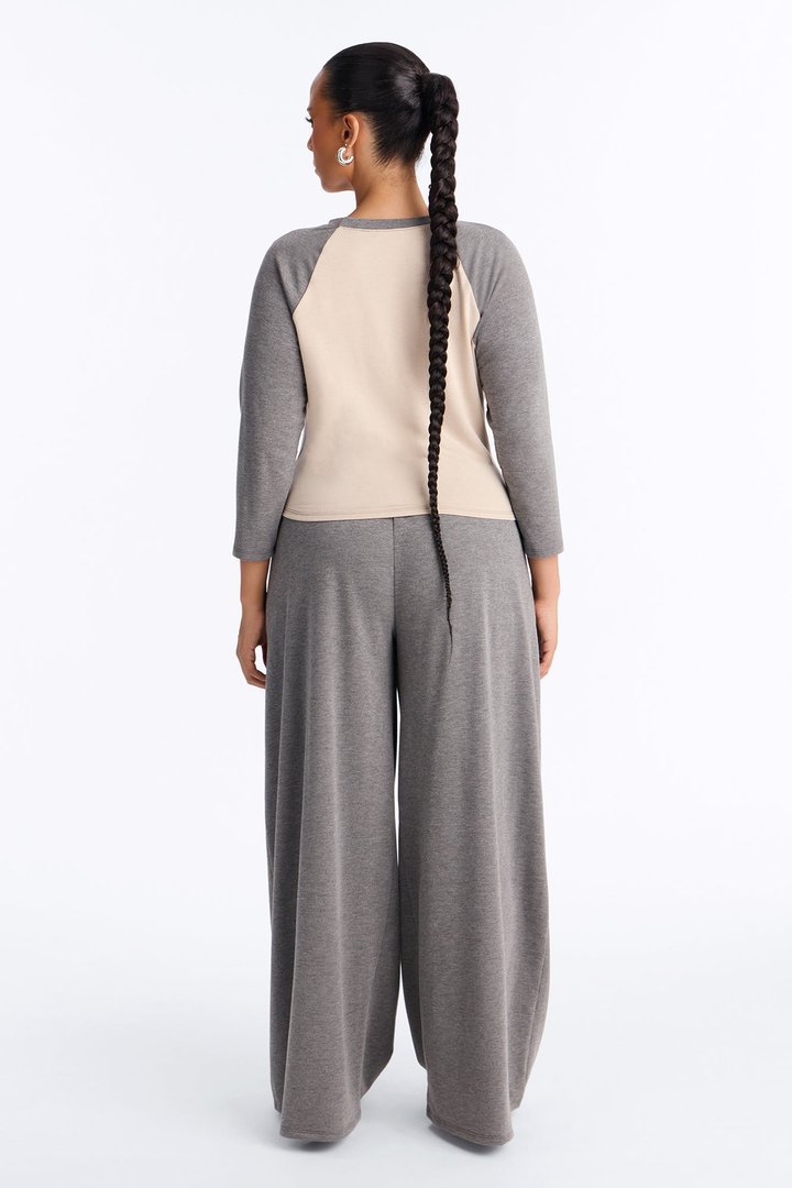 Raya 3/4 Sleeve Raglan Wide Leg Pant Set - Charcoal/combo