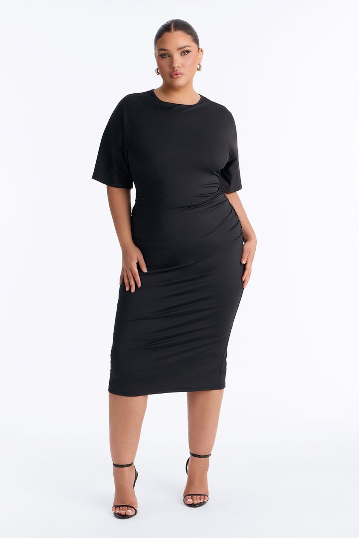 City Stroll Ruched Midi Dress - Black
