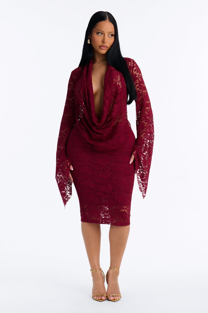 Mara Lace Cowl Midi Dress - Wine