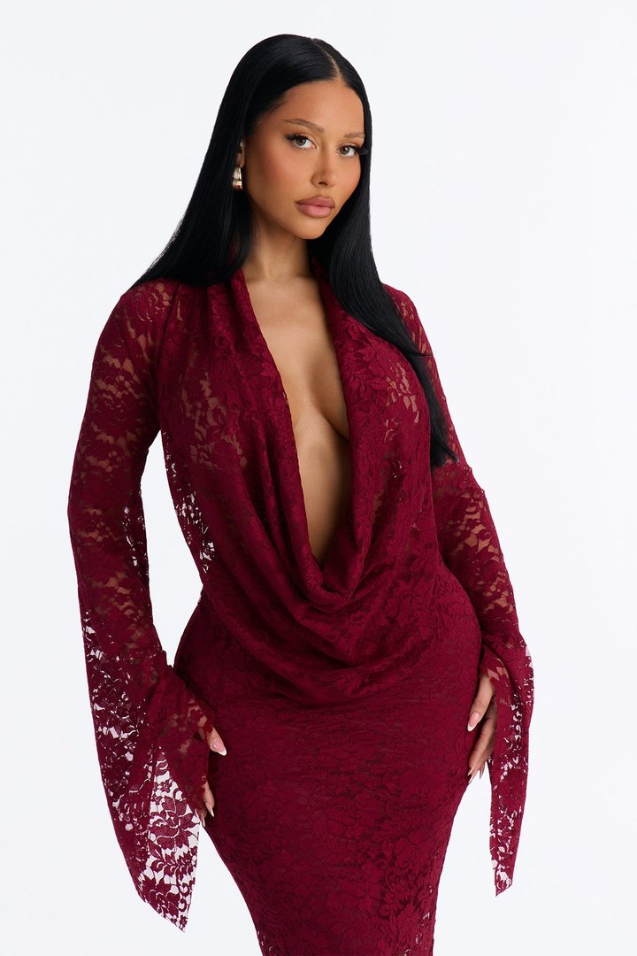 Mara Lace Cowl Midi Dress - Wine