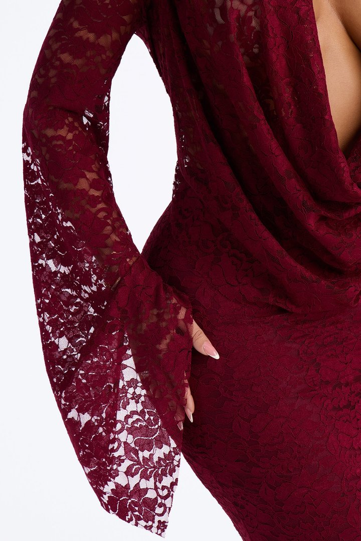 Mara Lace Cowl Midi Dress - Wine