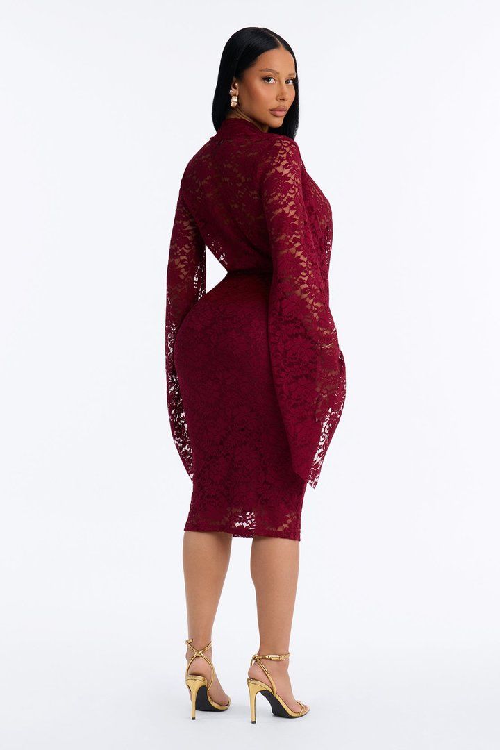 Mara Lace Cowl Midi Dress - Wine