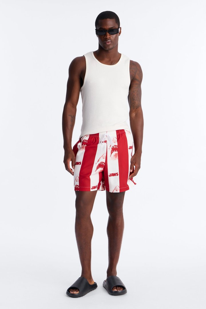 Jaws Striped Swim Trunk 7″ - Red