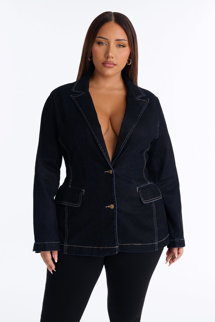 Gina Flocked Denim Blazer - Dark Denim
