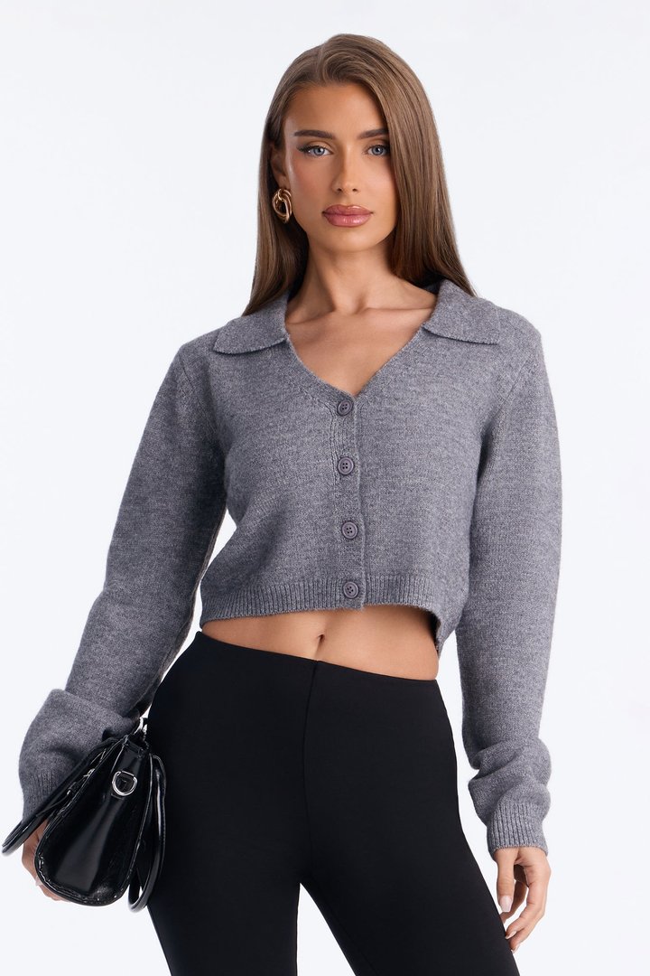 Slowing Down Collar Cropped Cardigan - Heather Grey