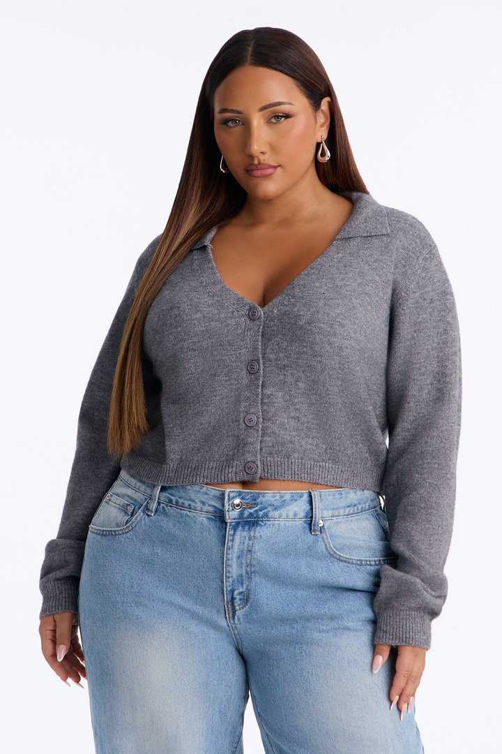 Slowing Down Collar Cropped Cardigan - Heather Grey