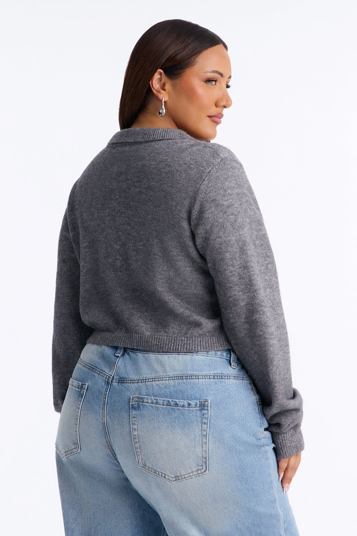 Slowing Down Collar Cropped Cardigan - Heather Grey