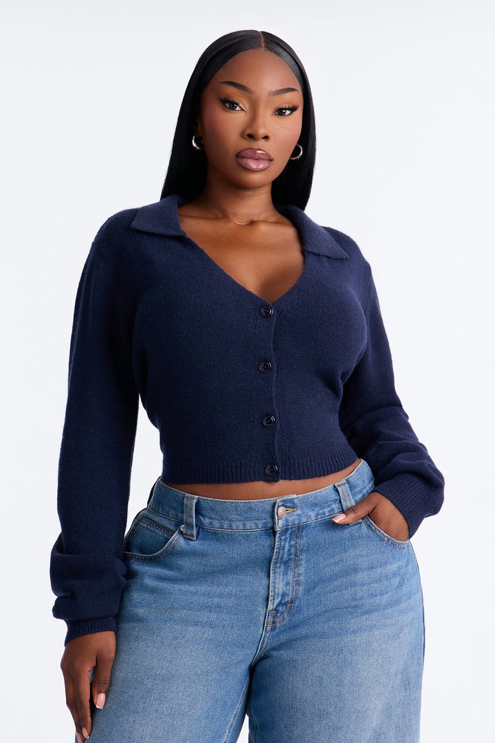 Slowing Down Collar Cropped Cardigan - Navy