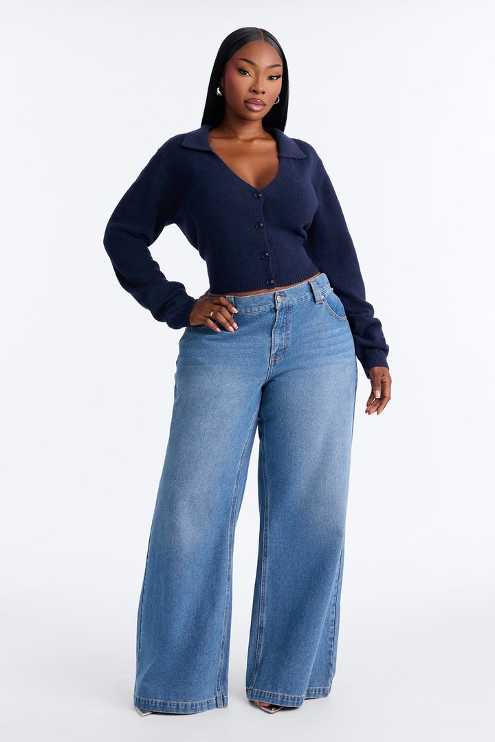 Slowing Down Collar Cropped Cardigan - Navy