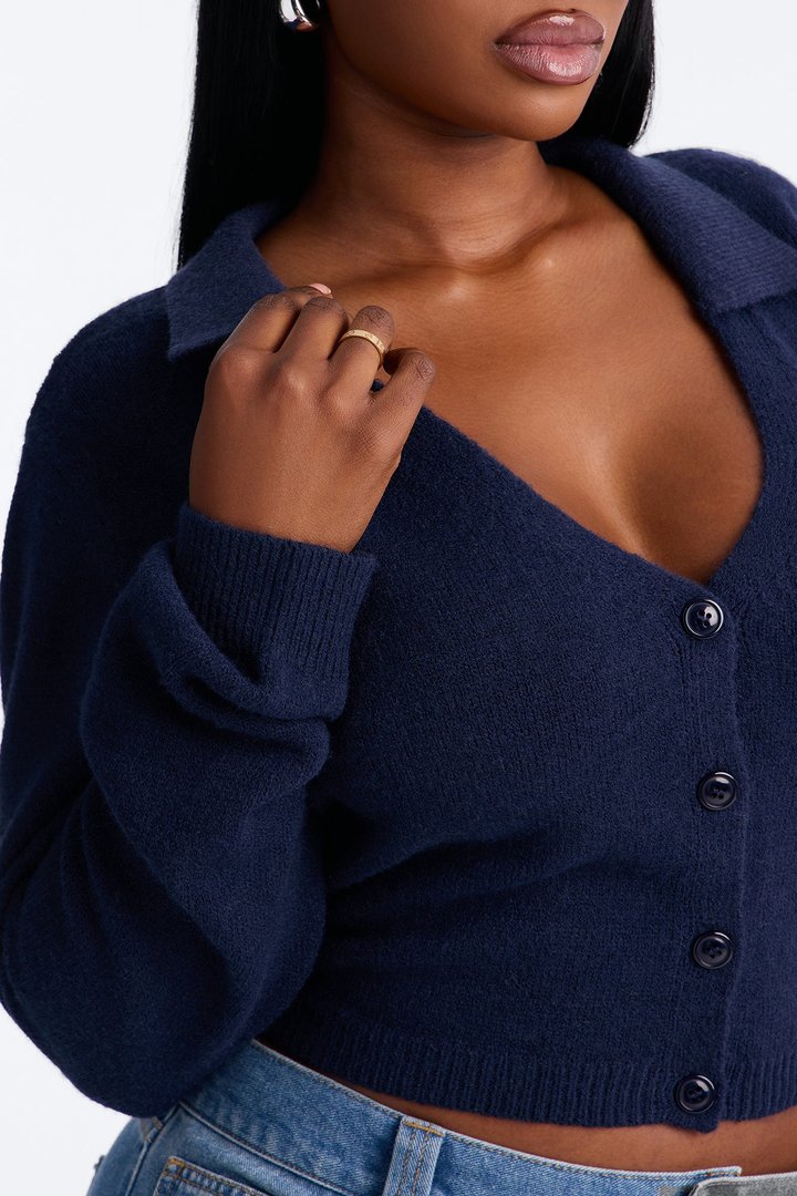 Slowing Down Collar Cropped Cardigan - Navy