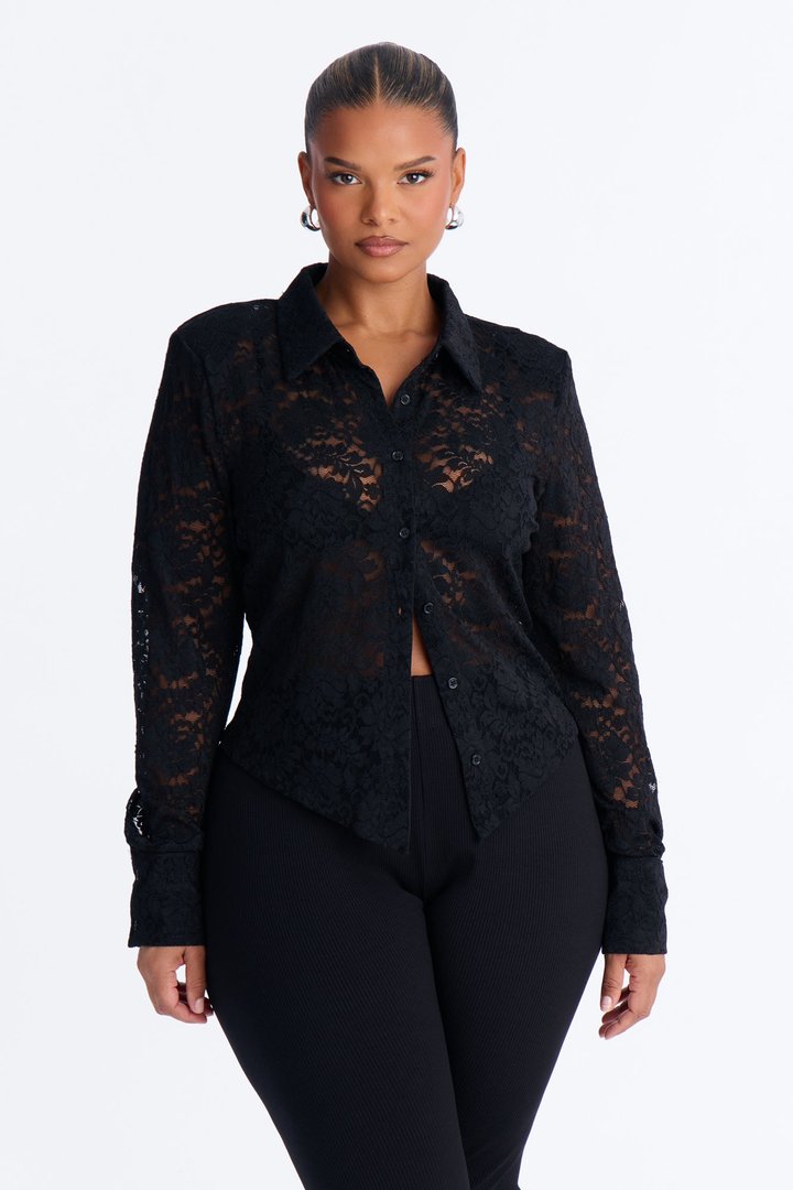 Lian Lace Padded Long Sleeve Button Up Shirt - Black