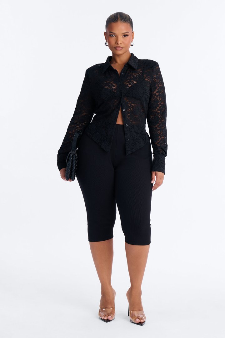 Lian Lace Padded Long Sleeve Button Up Shirt - Black