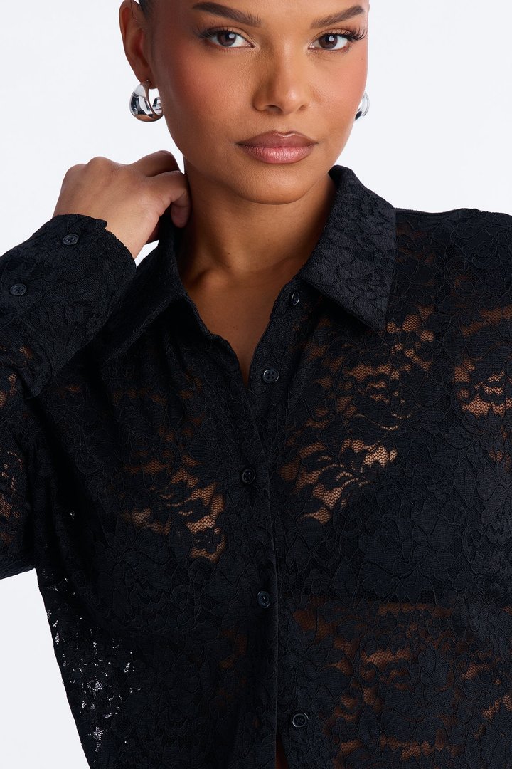 Lian Lace Padded Long Sleeve Button Up Shirt - Black