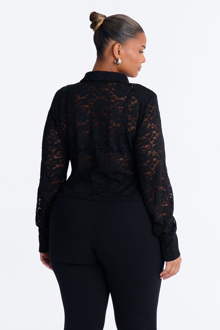 Lian Lace Padded Long Sleeve Button Up Shirt - Black