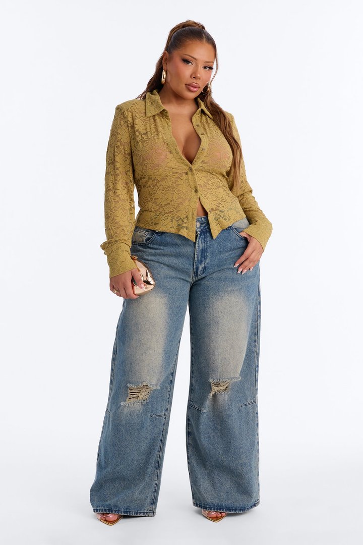 Lian Lace Padded Long Sleeve Button Up Shirt - Olive