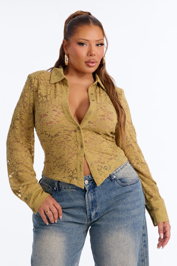 Lian Lace Padded Long Sleeve Button Up Shirt - Olive