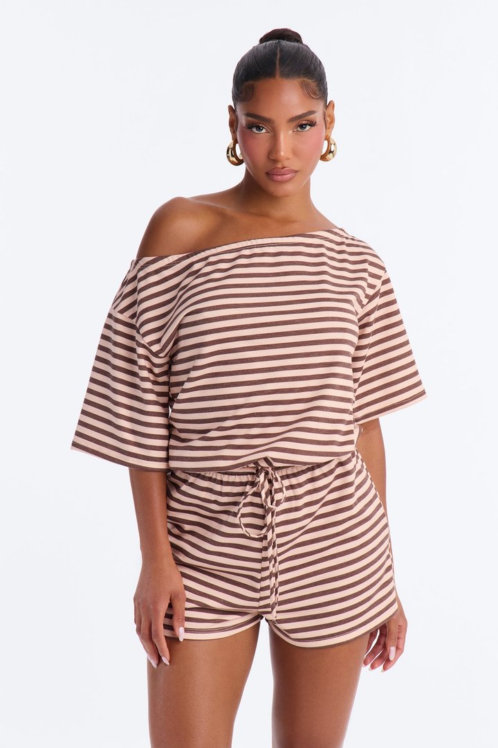 No Stress Off Shoulder Striped Romper - Brown/combo