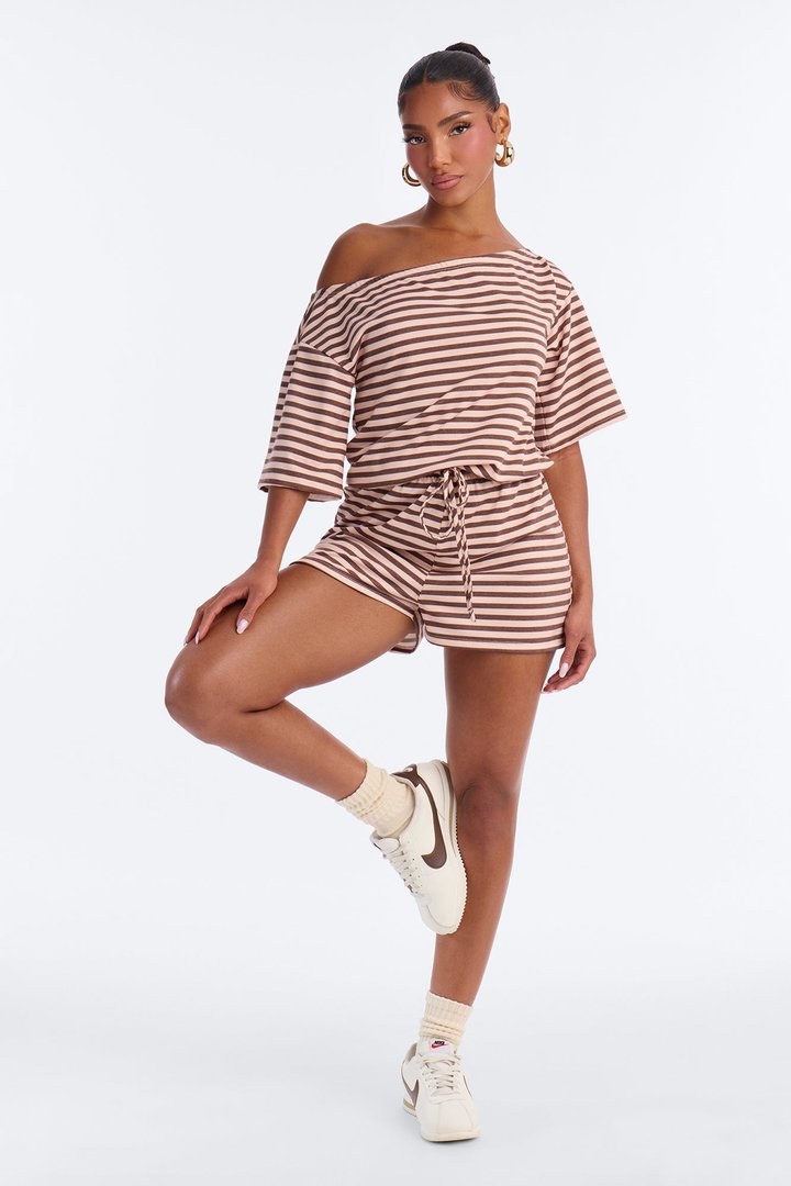 No Stress Off Shoulder Striped Romper - Brown/combo